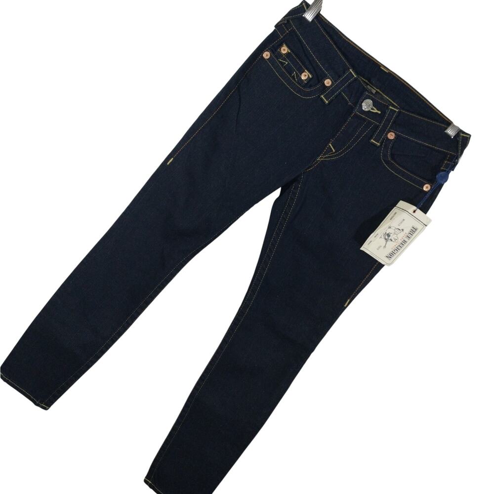 NWT@$198! TRUE RELIGION! RICH, DEEP BLUE DENIM SKINNY MID STRETCH JEANS! SZ 27